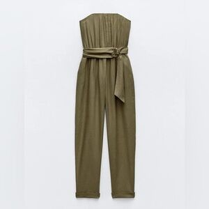 ZARA LINEN STRAPLESS BELTED JUMPSUIT SAFARI RESORT ZW COLLECTION KHAKI Green S